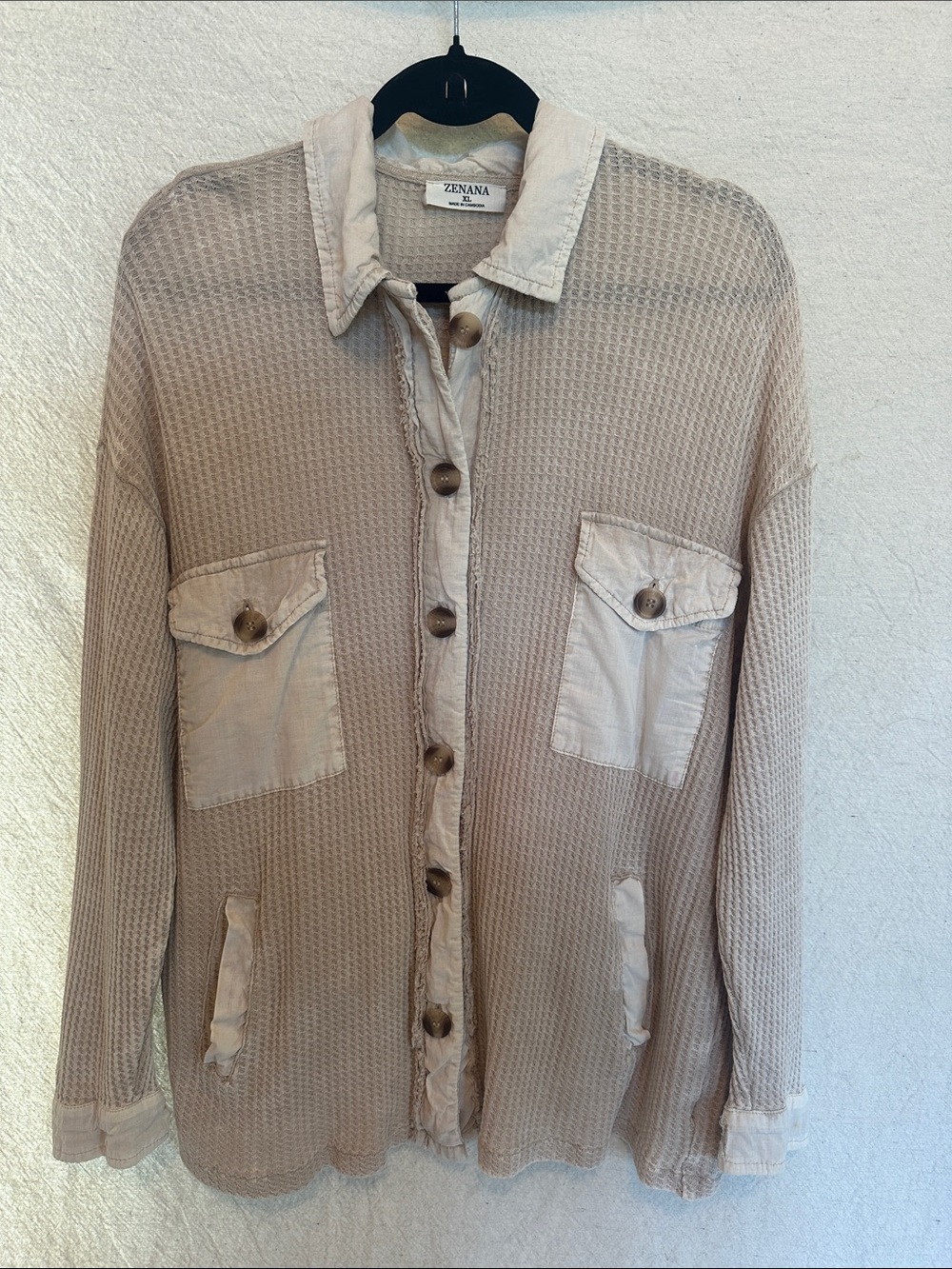 Zenana XL Taupe Waffle Knit Distressed Utility Shacket Jacket